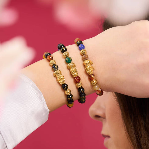 Mini Pixiu Feng Shui Armband | FÜNF Elemente | Chakra-Achat x 18 Karat Gold